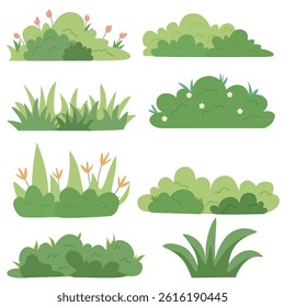 Collection of green bushes and plants with flowers