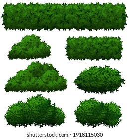 Collection Of Green Bushes Of Various Shapes, Isolated On White Background. Dense Shrubs For Fencing. Vector Illustration