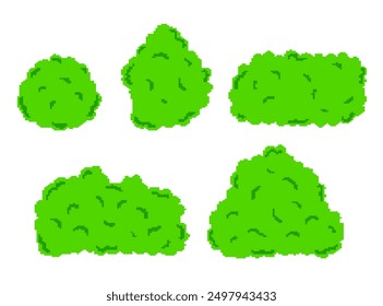 A collection of green bushes in various shapes and sizes. The simple pixelated design is perfect for retro-style games, animations, and digital artwork, adding a touch of nature with a nostalgic vibe.