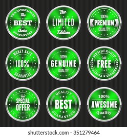 Collection of green buttons with silver border