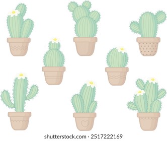 Coleção de Cactos Verdes. Cactos decorativos em panela. Ilustração do vetor da planta da casa.