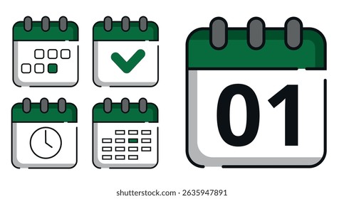 Collection of green calendar icons in different designs for websites and graphic resources. Flat calendar icon with specific day marked, day 01.