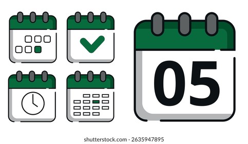 Collection of green calendar icons in different designs for websites and graphic resources. Flat calendar icon with specific day marked, day 05.