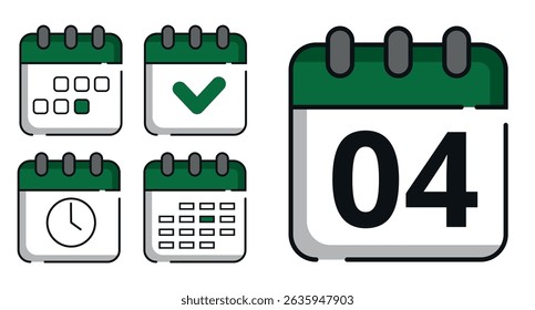 Collection of green calendar icons in different designs for websites and graphic resources. Flat calendar icon with specific day marked, day 04.