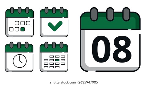 Collection of green calendar icons in different designs for websites and graphic resources. Flat calendar icon with specific day marked, day 08.