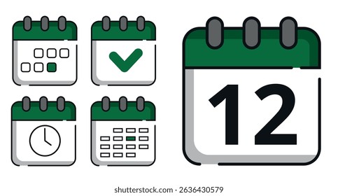 Collection of green calendar icons in different designs for websites and graphic resources. Flat calendar icon with specific day marked, day 12.