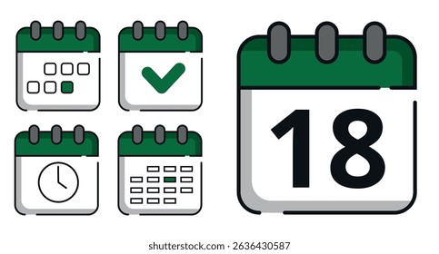 Collection of green calendar icons in different designs for websites and graphic resources. Flat calendar icon with specific day marked, day 18.