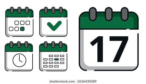 Collection of green calendar icons in different designs for websites and graphic resources. Flat calendar icon with specific day marked, day 17.