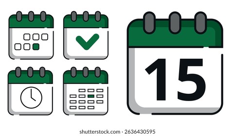 Collection of green calendar icons in different designs for websites and graphic resources. Flat calendar icon with specific day marked, day 15.
