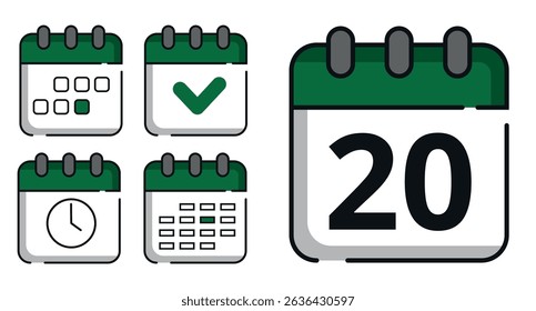 Collection of green calendar icons in different designs for websites and graphic resources. Flat calendar icon with specific day marked, day 20.
