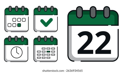 Collection of green calendar icons in different designs for websites and graphic resources. Flat calendar icon with specific day marked, day 22.
