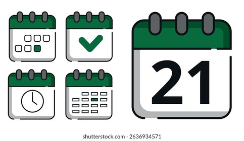 Collection of green calendar icons in different designs for websites and graphic resources. Flat calendar icon with specific day marked, day 21.