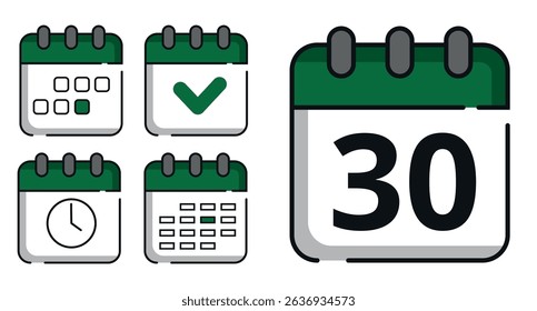 Collection of green calendar icons in different designs for websites and graphic resources. Flat calendar icon with specific day marked, day 30.