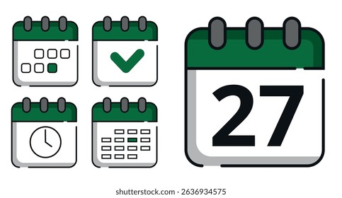 Collection of green calendar icons in different designs for websites and graphic resources. Flat calendar icon with specific day marked, day 27.