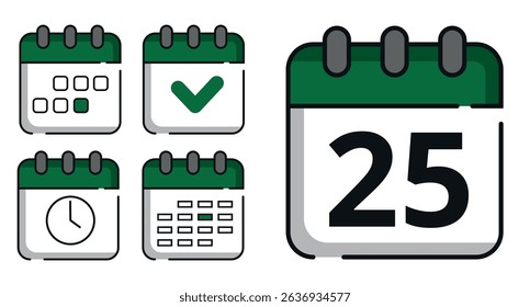 Collection of green calendar icons in different designs for websites and graphic resources. Flat calendar icon with specific day marked, day 25.