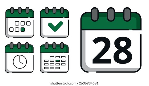 Collection of green calendar icons in different designs for websites and graphic resources. Flat calendar icon with specific day marked, day 28.