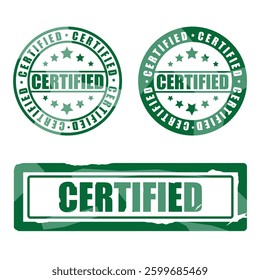 Collection of green certified rubber seal stamps with stars, isolated on white background. Certified vector icon.