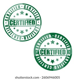 Collection of green certified rubber seal stamps with stars, isolated on white background. Certified vector icon.