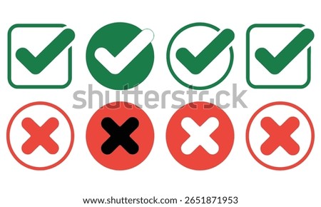 Collection of green check mark approval in circle and square and red cross rejection symbols. Design is isolated on a white background.