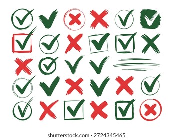 Colección de la marca de verificación verde y signos X rojos. Doodle estilo ok y cancelar Botones para Web o App ui.