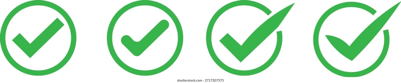 Colección de marcas de verificación verdes en círculos. La elección y la Aprobación se muestran con dos símbolos contrastantes