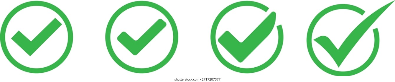 Colección de marcas de verificación verdes en círculos. La elección y la Aprobación se muestran con dos símbolos contrastantes