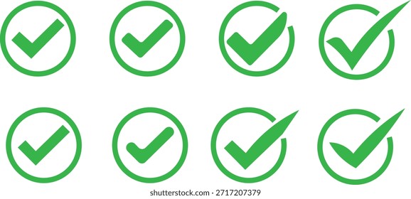 Colección de marcas de verificación verdes en círculos. La elección y la Aprobación se muestran con dos símbolos contrastantes