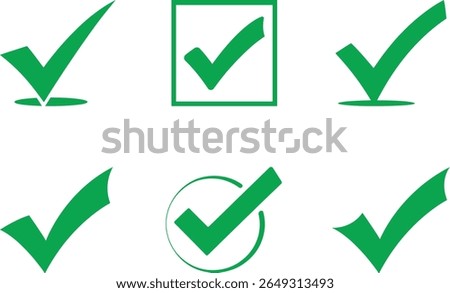Collection of green checkmarks illustrating confirmation validation approval success selection and choices