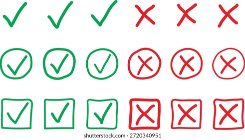 Una colección de marcas de verificación verdes y cruces rojas en varias Formas y estilos
