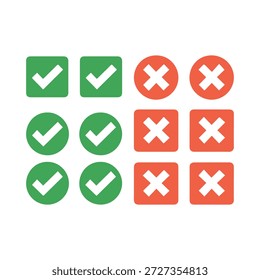 Colección de marcas de verificación verdes y cruces rojas en varias Formas que significan rechazo de Aprobación Sí No Opciones correctas e incorrectas presentadas sobre un fondo blanco limpio