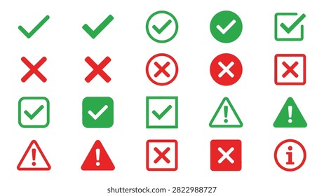 Collection of green checkmarks and red crosses, positive and negative signs, selection options, buttons, validation symbols, confirmation, rejection, icons for interface, UI elements, decision making.