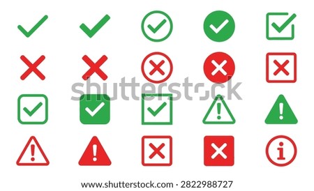 Collection of green checkmarks and red crosses, positive and negative signs, selection options, buttons, validation symbols, confirmation, rejection, icons for interface, UI elements, decision making.
