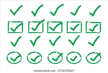 A collection of green checkmarks in various forms on a white background, including standalone checks, checked boxes, and checked circles.
