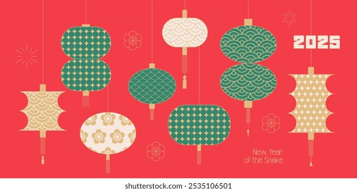 Colección de linternas chinas verdes con patrones escamosos para la celebración del Año de la serpiente. Fondo del Festival de Linternas Chinas. Diseño geométrico minimalista plano. Ilustración vectorial