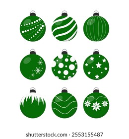 Collection of green Christmas balls with different patterns. Christmas and New Year decoration isolated on white background. Vector elements for design, sticker, decor.