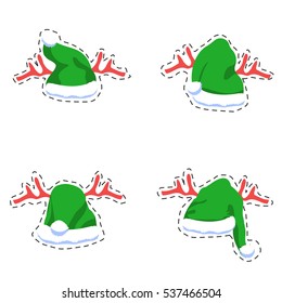Collection green Christmas hats with red deer horns isolated on white background, vector, illustration