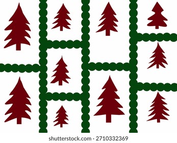 A collection of green Christmas trees. A Christmas tree in a box with rounded lines. One of the icons of Christmas celebrations.