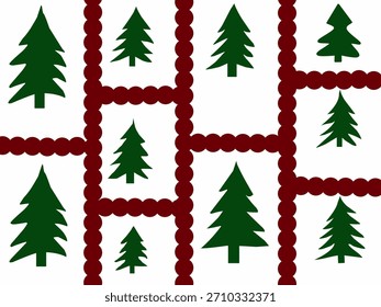 Uma coleção de árvores de Natal verdes. Uma árvore de Natal em uma caixa com linhas arredondadas. Um dos ícones das celebrações de Natal.