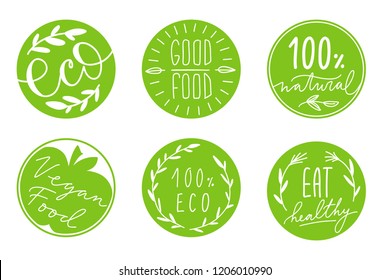 Collection of green circle label with hand-drawn lettering about healthy eco food, vegan. Set of healthy lifestyle stickers with floral decor elements.