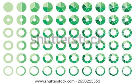 Collection of green circular chart icons in various styles for data visualization. Includes pie charts, donuts, and progress rings. Clean vector set ideal for dashboards, reports, and presentations.