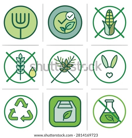 Collection of green circular icons representing sustainable living and eco friendly practices