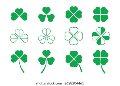 Collection of Green Cloverleaf Icons set, Various Styles.