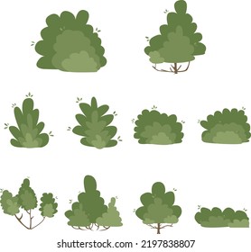 Collection of green cute bushes of various shapes. Dense shrubs for fencing. Vector illustration.