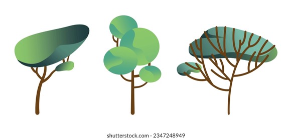 Collection of green deciduous and evergreen forest plants. Botanical set of bare trees and ones with leaves and lush crowns. Flat vector illustration isolated on white background