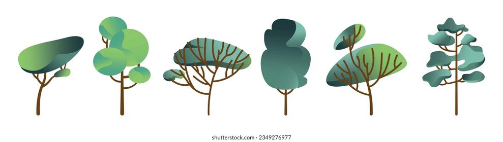 Collection of green deciduous and evergreen forest plants. Botanical set of bare trees and ones with leaves and lush crowns. Flat vector illustration isolated on white background
