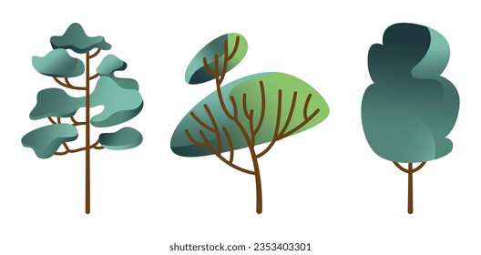 Collection of green deciduous and evergreen forest plants. Botanical set of bare trees and ones with leaves and lush crowns. Flat vector illustration isolated on white background