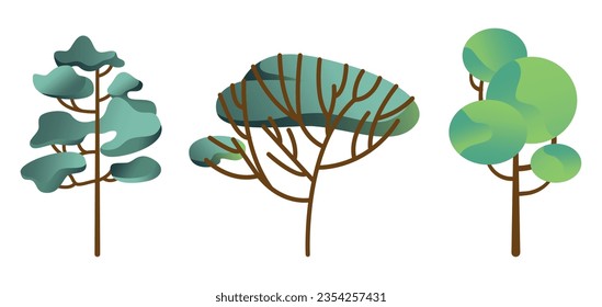Collection of green deciduous and evergreen forest plants. Botanical set of bare trees and ones with leaves and lush crowns. Flat vector illustration isolated on white background