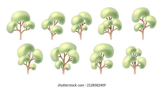 Colección de árboles verdes caducifolios al estilo de las caricaturas. Fondo aislado blanco