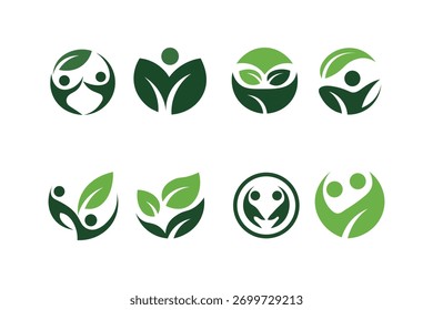 Colección de logotipos ecológicos verdes con Elementos humanos y de hojas