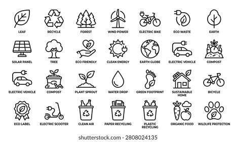 Collection of green ecology icons including leaves recycle symbols forests wind power electric bikes eco waste earth solar panels trees composting clean energy global earth climate friendly vehicles plants water drops footprints and wildlife conservation graphics.